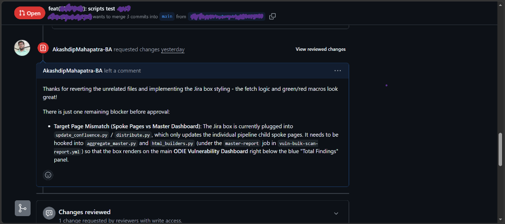 GitHub Pull Request review feedback catching the architectural target page mismatch between microservice spoke pages and the central executive master dashboard