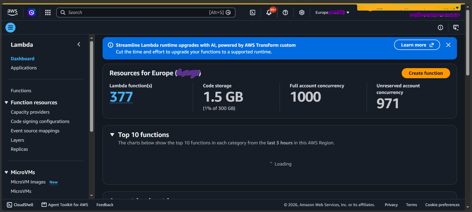 AWS Lambda console confirming the 1,000-slot full account concurrency ceiling shared across all non-prod environments